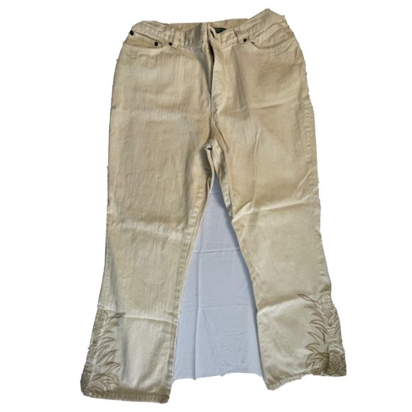 Ralph Lauren Jeans Co Size 14 Tan Wide Leg Denim Mid Rise Stretch 32 Embroidered - Picture 1 of 12